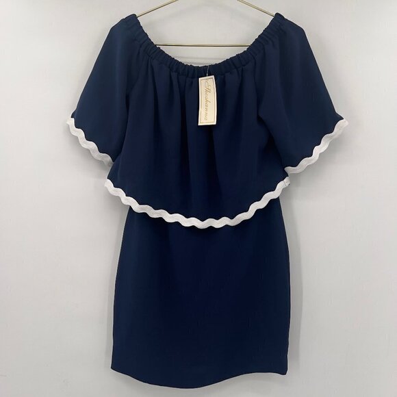 Shoshanna Astor Navy/White Off The Shoulder Dress NWT - Picture 2 of 8